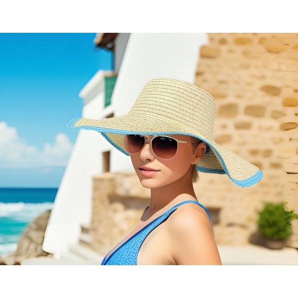 Wide Brim Hat - Paper Straw Wide Brim Hat - Turquoise Trim - HT-ST1061TU